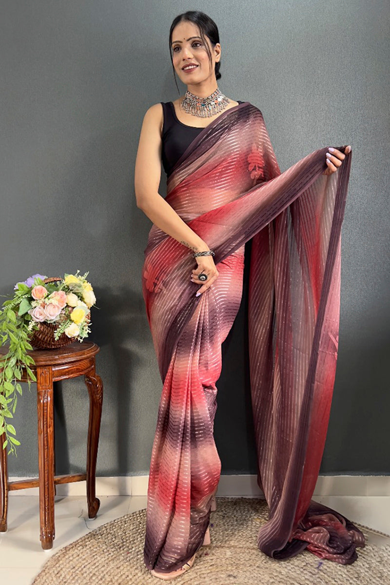 Sumptuous 1-Minute Ready To Wear Maroon Georgette Saree - thelotusfab