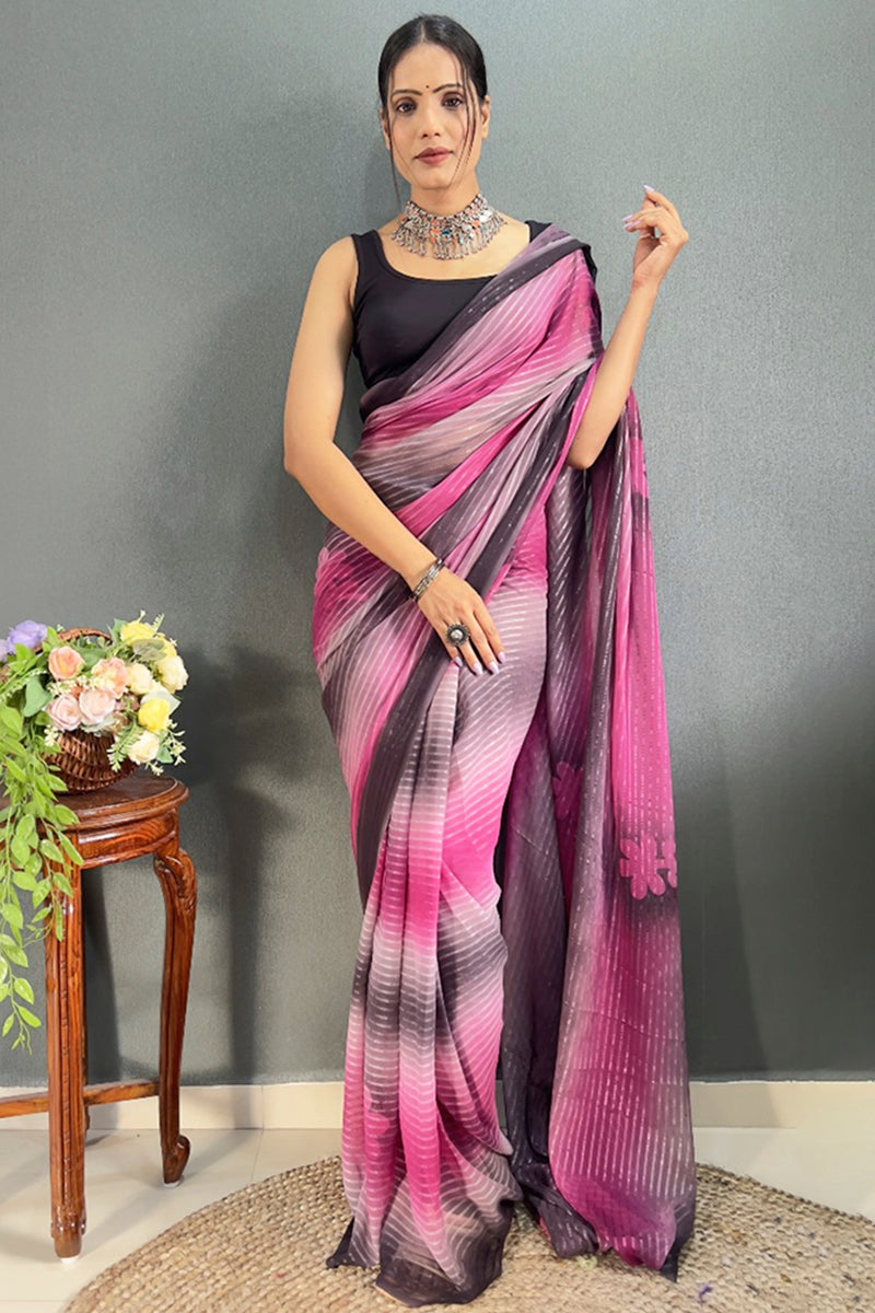 Assemblage 1-Minute Ready To Wear Pink Georgette Saree - thelotusfab