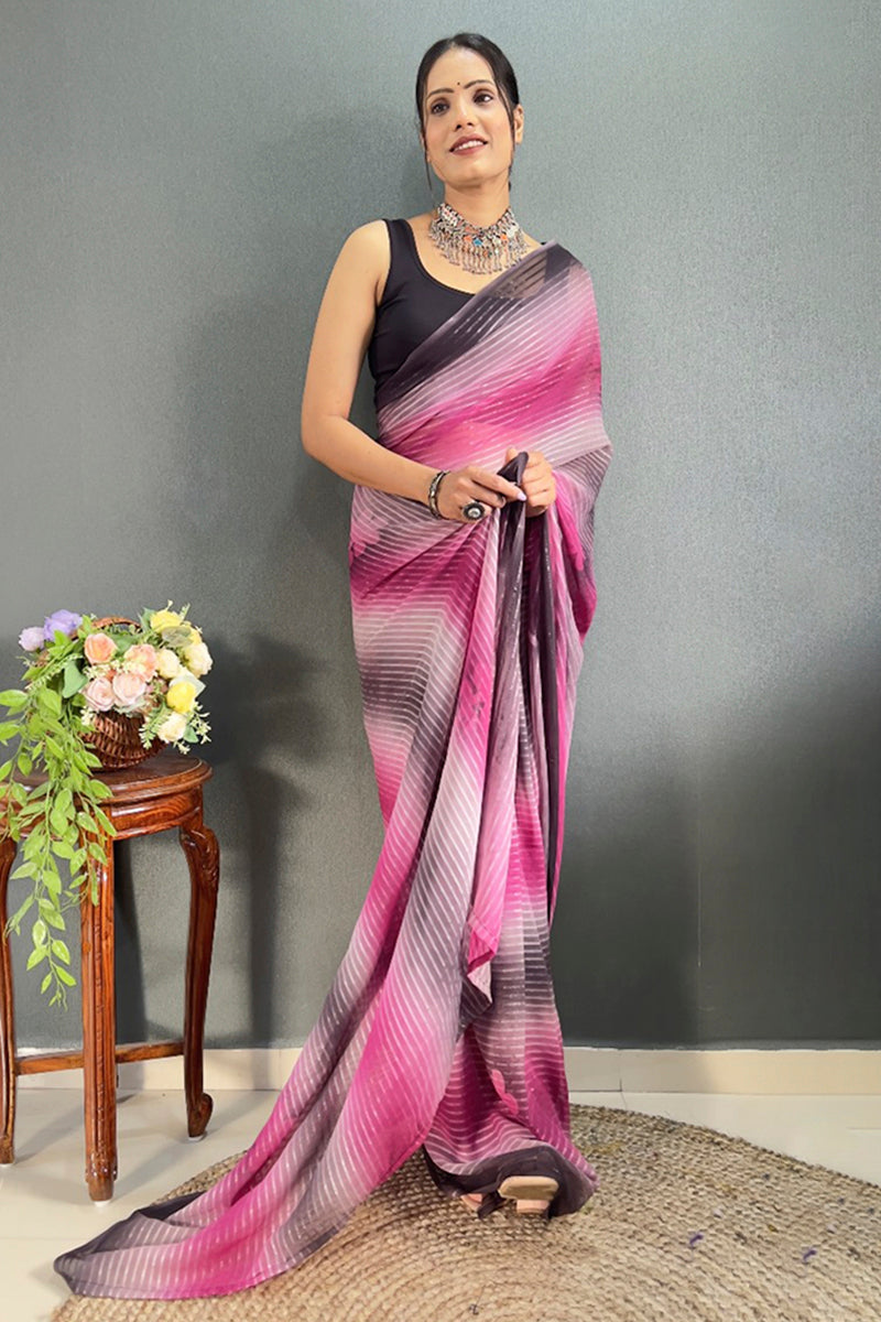 Assemblage 1-Minute Ready To Wear Pink Georgette Saree - thelotusfab