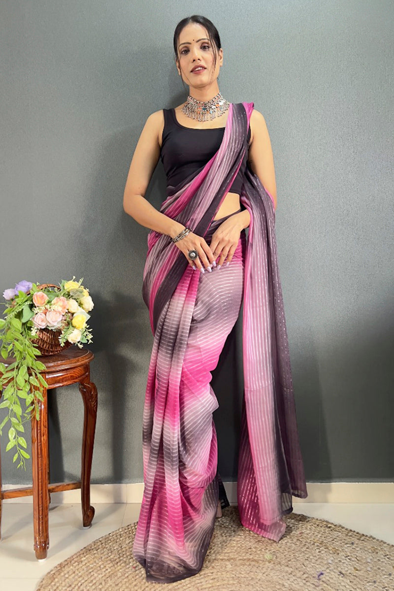 Assemblage 1-Minute Ready To Wear Pink Georgette Saree - thelotusfab