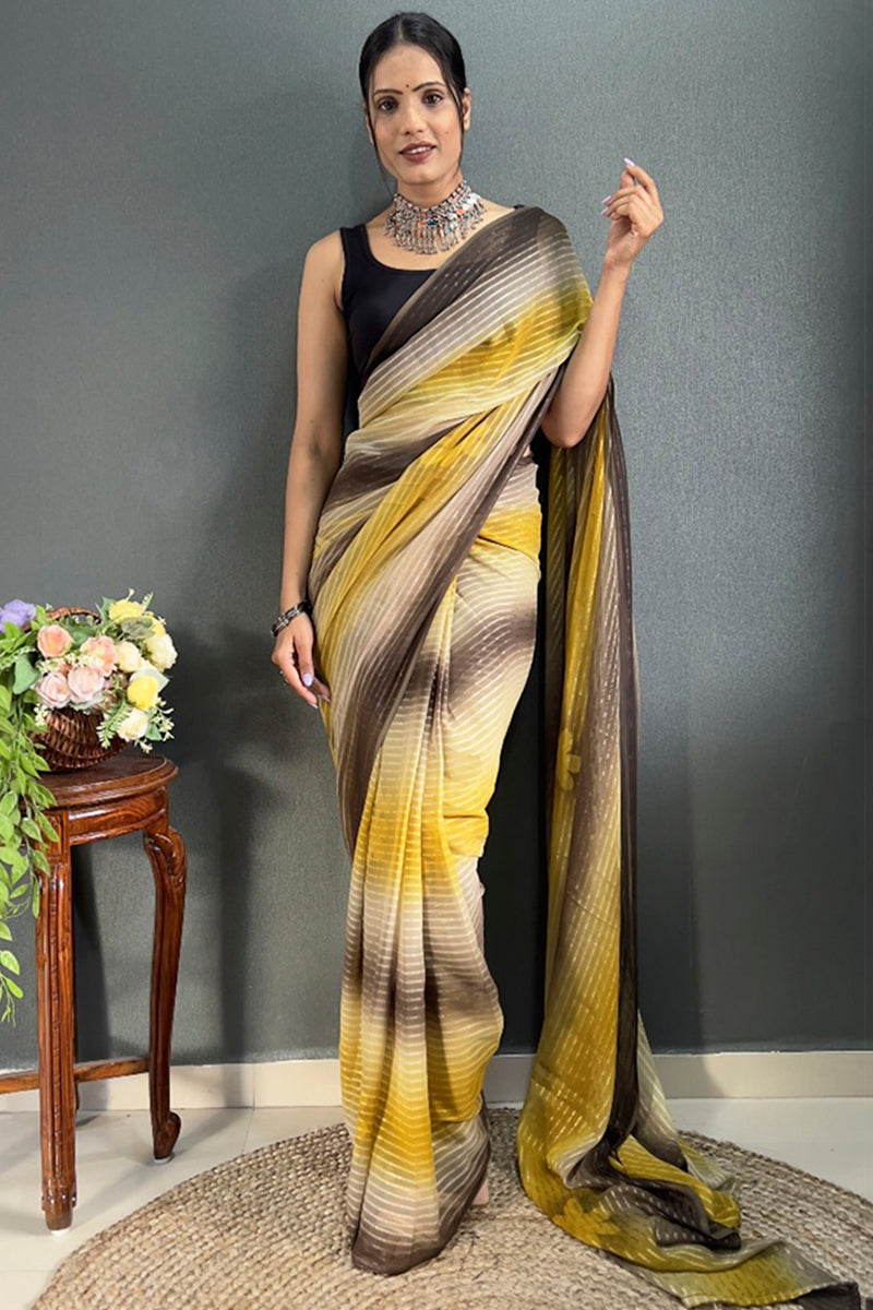 Pleasant 1-Minute Ready To Wear Yellow Georgette Saree - thelotusfab