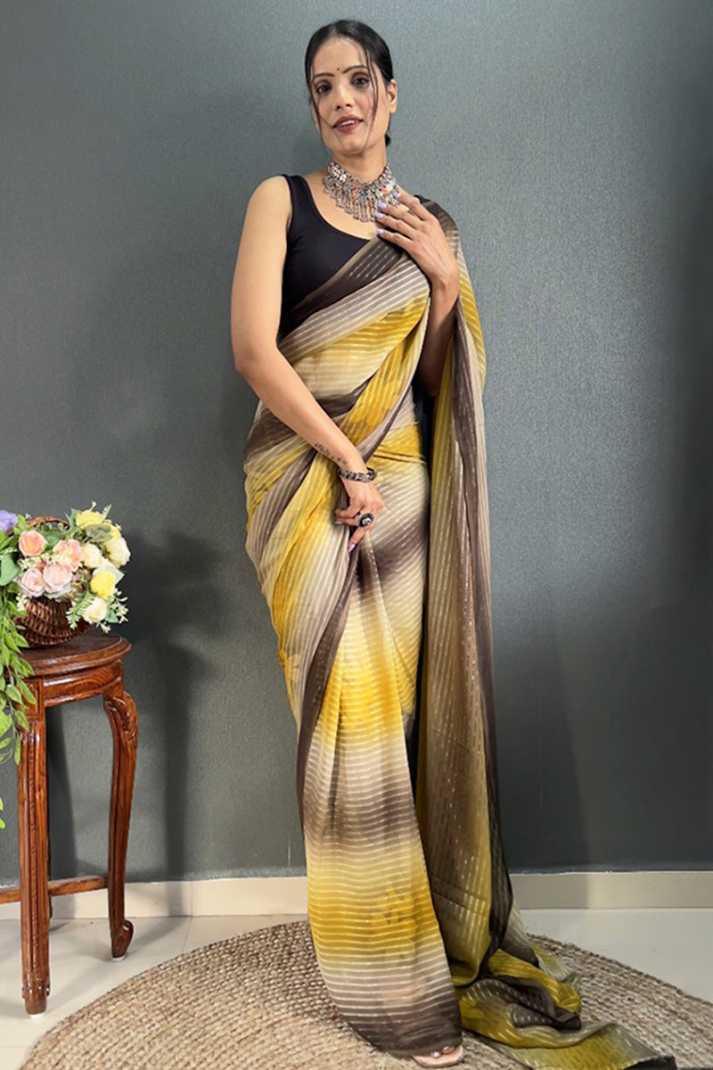 Pleasant 1-Minute Ready To Wear Yellow Georgette Saree - thelotusfab