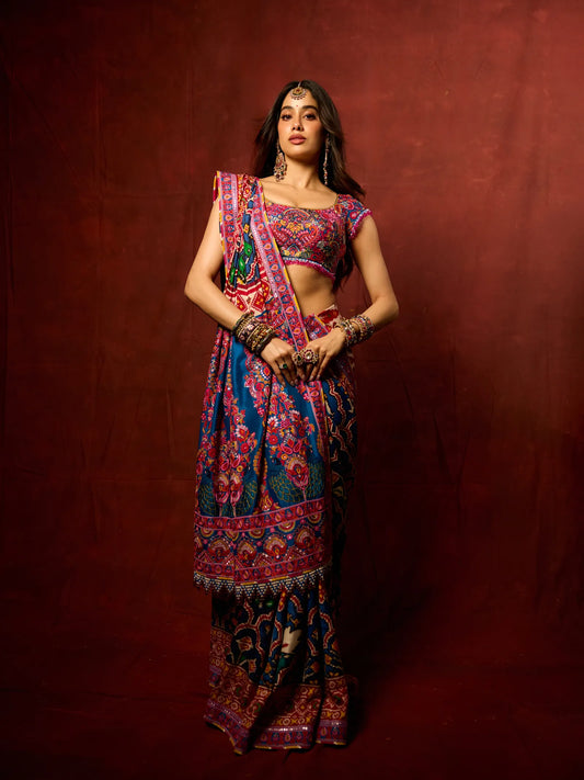 Stunner Multicolor Chinon Silk Printed Mirror Work Saree