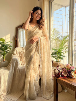 Entrancing Off White Moss Silk Jarkhan Work Saree