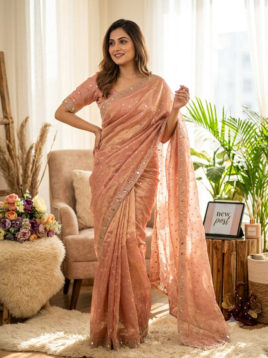 Gratifying Peach Moss Silk Jarkhan Work Saree
