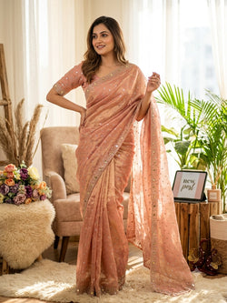 Gratifying Peach Moss Silk Jarkhan Work Saree