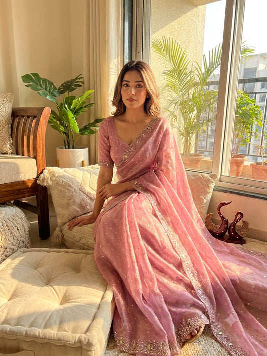 Posh Pink Moss Silk Jarkhan Work Saree