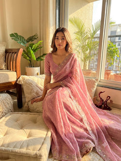 Posh Pink Moss Silk Jarkhan Work Saree