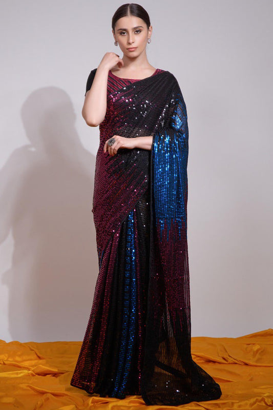Gorgeous Black And Blue Georgette Sequence Work Saree