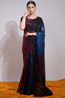 Gorgeous Black And Blue Georgette Sequence Work Saree
