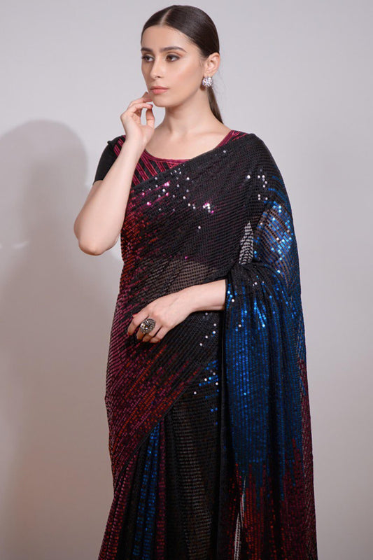 Gorgeous Black And Blue Georgette Sequence Work Saree