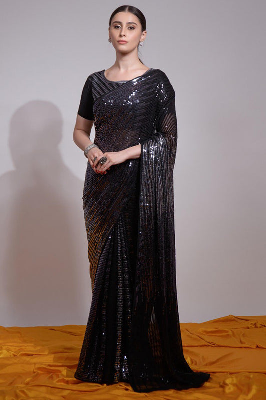 Panache Black And Grey Georgette Sequence Work Saree