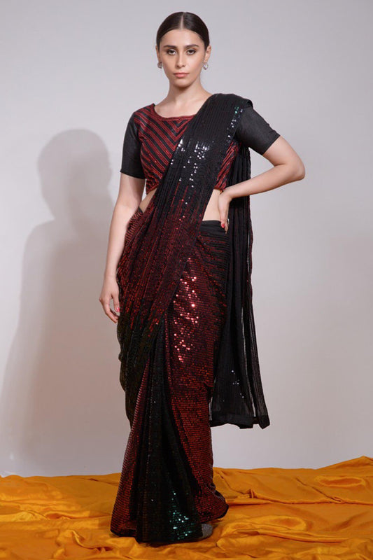 Intricate Black And Red Georgette Sequence Work Saree