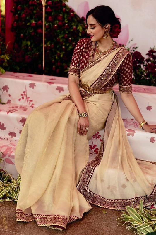 Bucolic Beige Twill Net Sequence Embroidery Work Saree