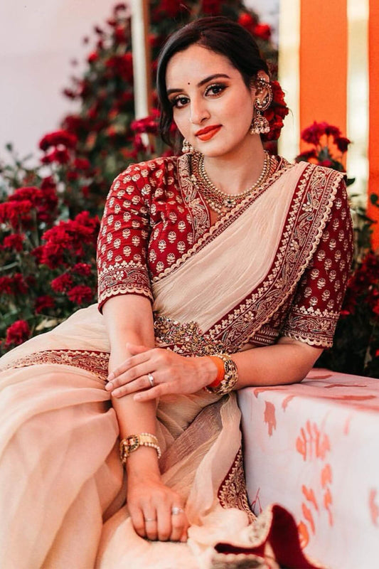 Bucolic Beige Twill Net Sequence Embroidery Work Saree