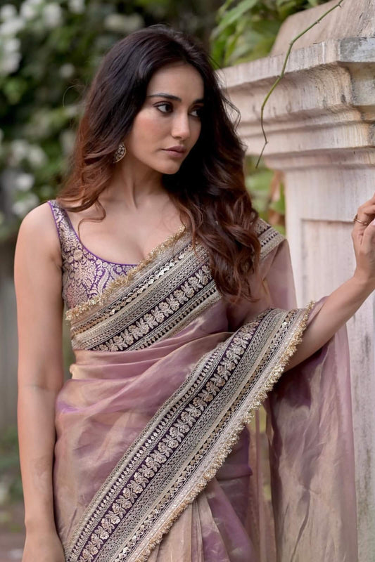 Dazzling Lavender Twill Net Sequence Embroidery Work Saree