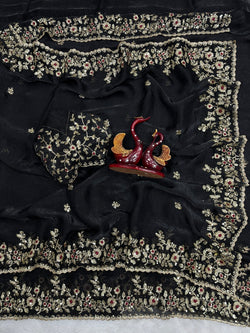 Engrossing Black Fandy Chiffon Silk Sequence Embroidery Work Saree