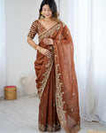 Embrocation Brown Fandy Chiffon Silk Sequence Embroidery Work Saree