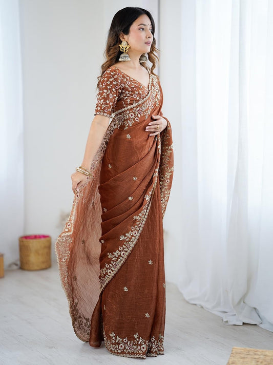 Embrocation Brown Fandy Chiffon Silk Sequence Embroidery Work Saree