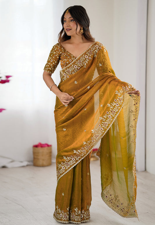 Alluring Golden Fandy Chiffon Silk Sequence Embroidery Work Saree