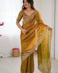 Alluring Golden Fandy Chiffon Silk Sequence Embroidery Work Saree