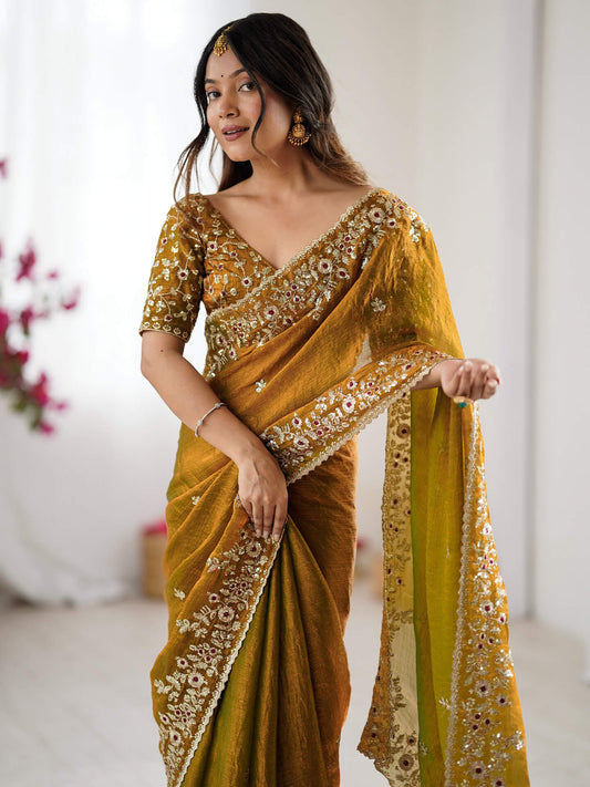 Alluring Golden Fandy Chiffon Silk Sequence Embroidery Work Saree
