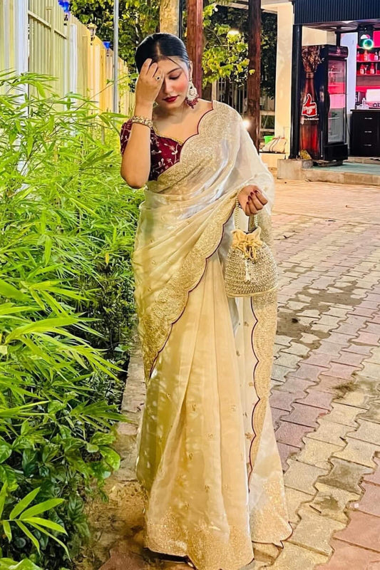 Mesmerising Beige Jimmy Choo Sequence Embroidery Work Saree With Stitched Blouse