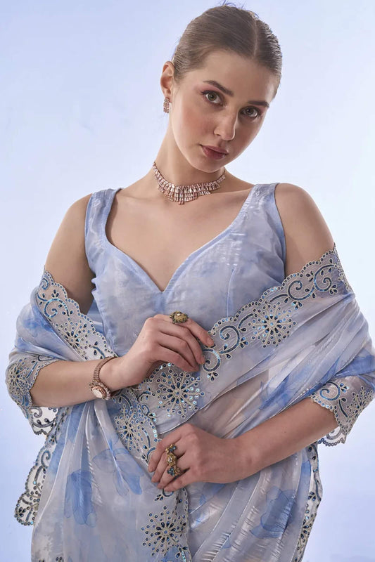 Lustrous Off White Fandy Silk Printed Sequence Embroidery Work Saree