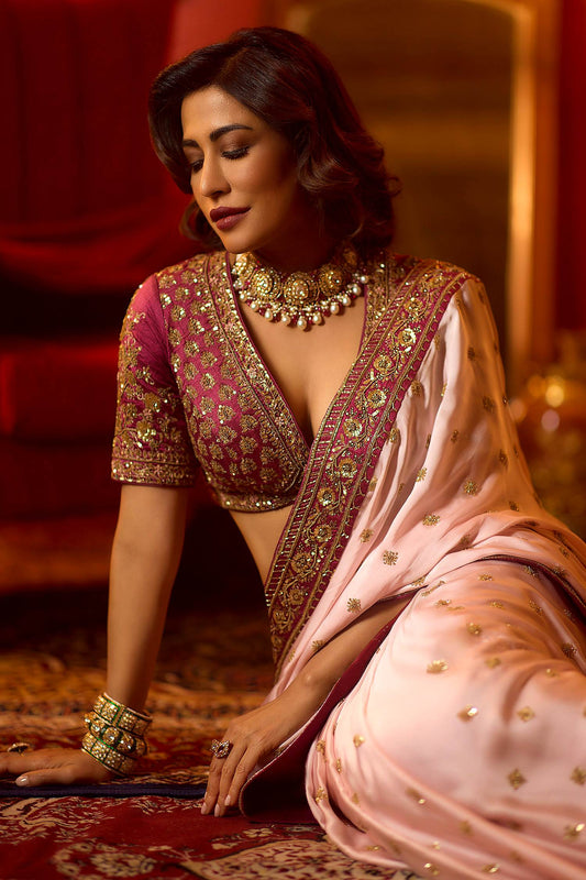 Flattering Peach Rangoli Silk Sequence Embroidery Work Saree