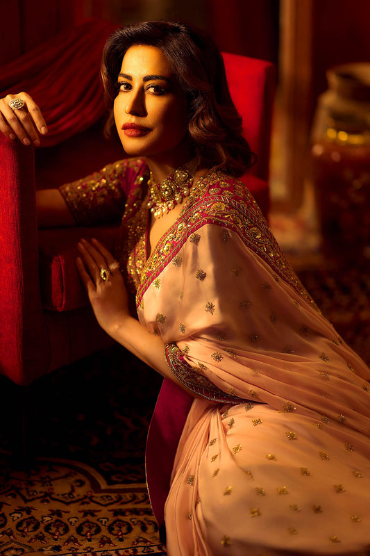 Flattering Peach Rangoli Silk Sequence Embroidery Work Saree