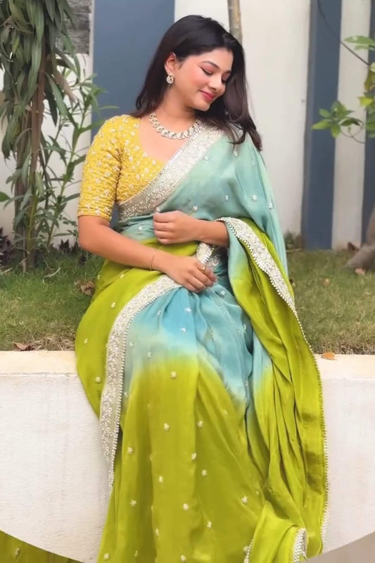 Twirling Green Chinon Silk Sequence Embroidery Work Saree