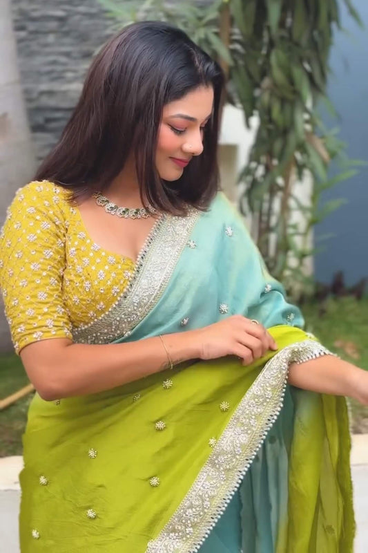 Twirling Green Chinon Silk Sequence Embroidery Work Saree