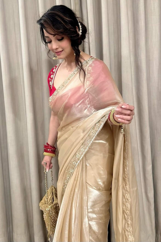 Ornate Beige Jimmy Choo Hand Work Saree