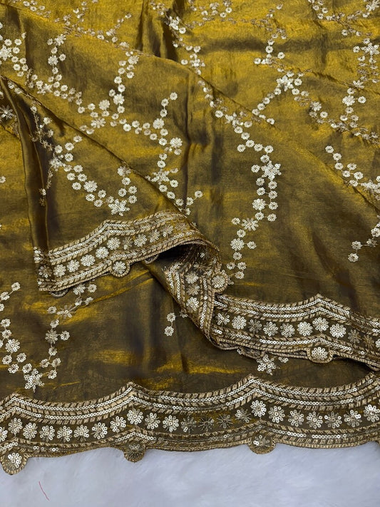 Transcendent Golden Fandy Silk Sequence Embroidery Work Saree