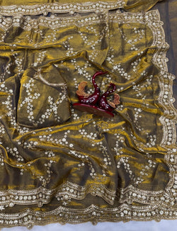 Transcendent Golden Fandy Silk Sequence Embroidery Work Saree