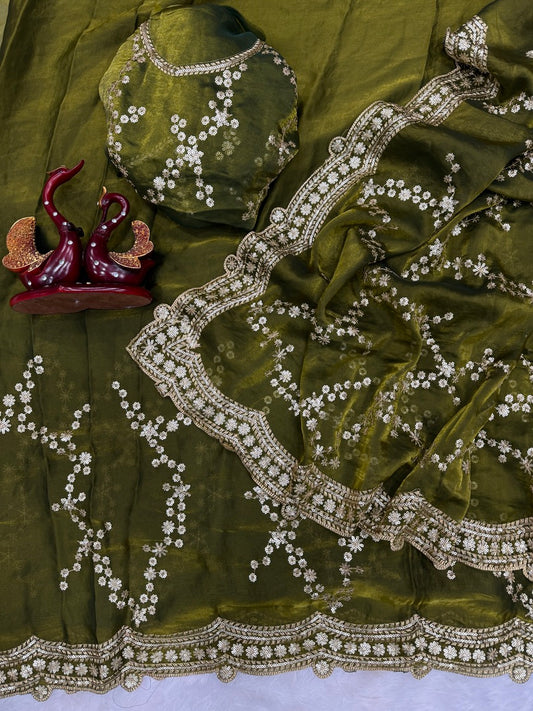 Innovative Green Fandy Silk Sequence Embroidery Work Saree