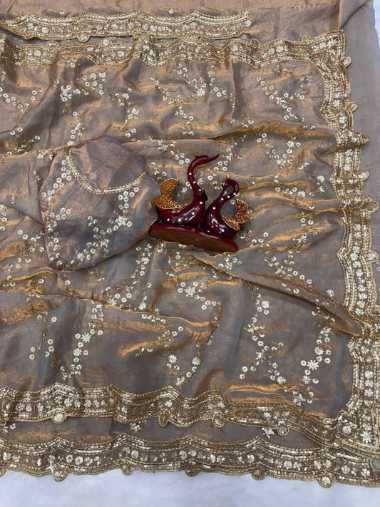 Capricious Grey Fandy Silk Sequence Embroidery Work Saree