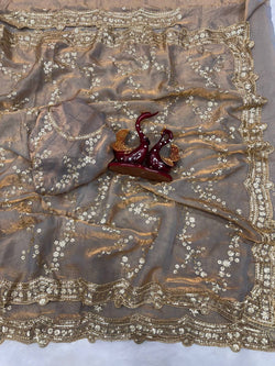 Capricious Grey Fandy Silk Sequence Embroidery Work Saree