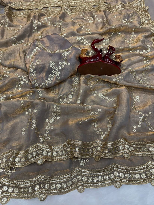 Capricious Grey Fandy Silk Sequence Embroidery Work Saree