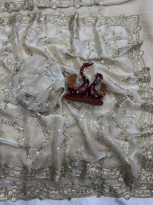 Woebegone Off White Fandy Silk Sequence Embroidery Work Saree