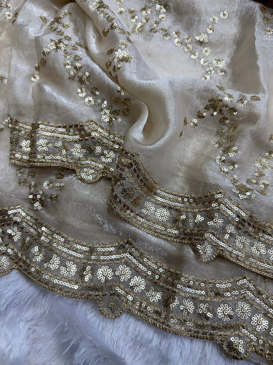 Woebegone Off White Fandy Silk Sequence Embroidery Work Saree