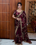 Gleaming Purple Fandy Silk Sequence Embroidery Work Saree