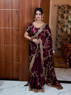 Gleaming Purple Fandy Silk Sequence Embroidery Work Saree