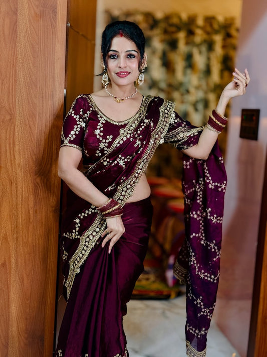 Gleaming Purple Fandy Silk Sequence Embroidery Work Saree