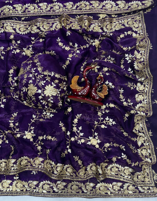 Winsome Purple Fandy Silk Sequence Embroidery Work Saree