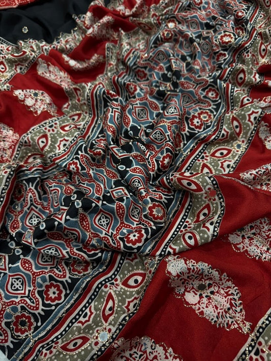 Posh Black Crape Silk Ajrakh Printed Mirror Work Saree