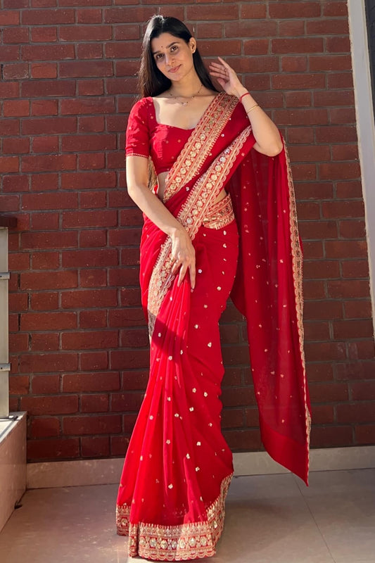 Sonorous Red Georgette Silk Sequence Embroidery Work Saree