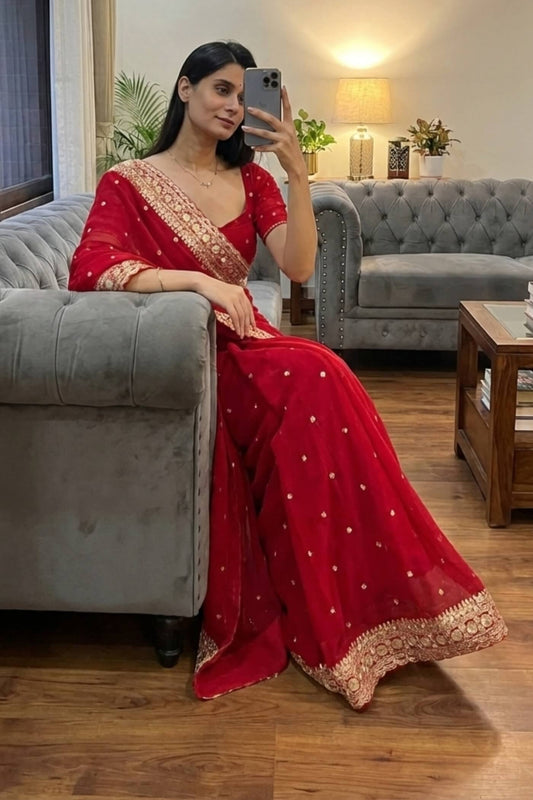 Sonorous Red Georgette Silk Sequence Embroidery Work Saree