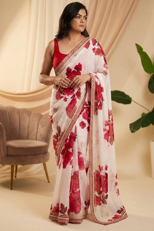 Admirable Off White Georgette Silk Printed Sequence Embroidery Work Saree