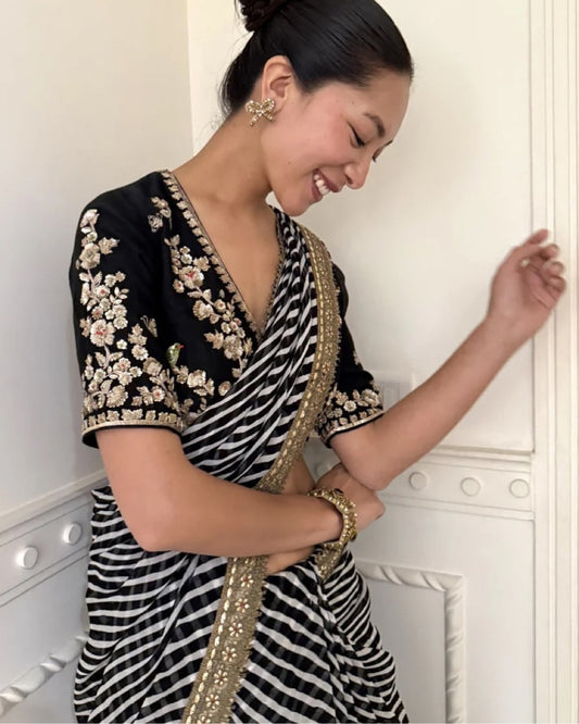 Jubilant Black Georgette Silk Printed Sequence Embroidery Work Saree